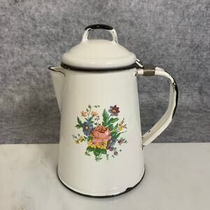 VTG White Enamelware Coffee Pot Floral Design Both Sides, Cottagecore Farmhouse